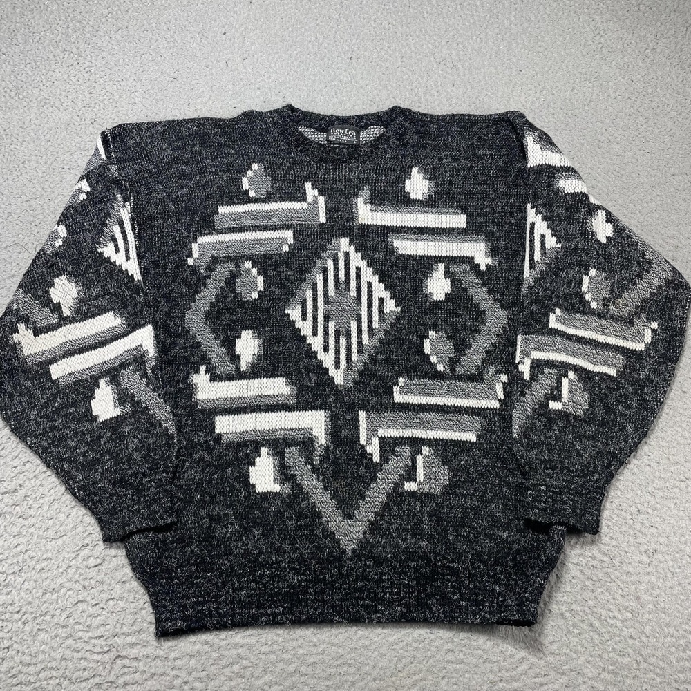 New Era Sweater Mens Large Gray Aztec Geometric Knit‎ Crewneck Pullover USA